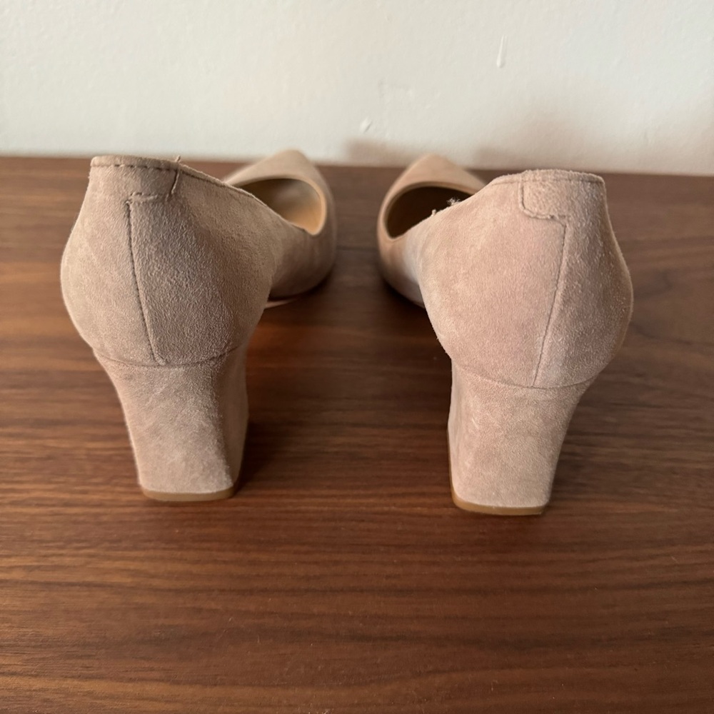Marc Fisher Block Heel Pointed Toe Pumps in Taupe Suede - Picture 3 of 6